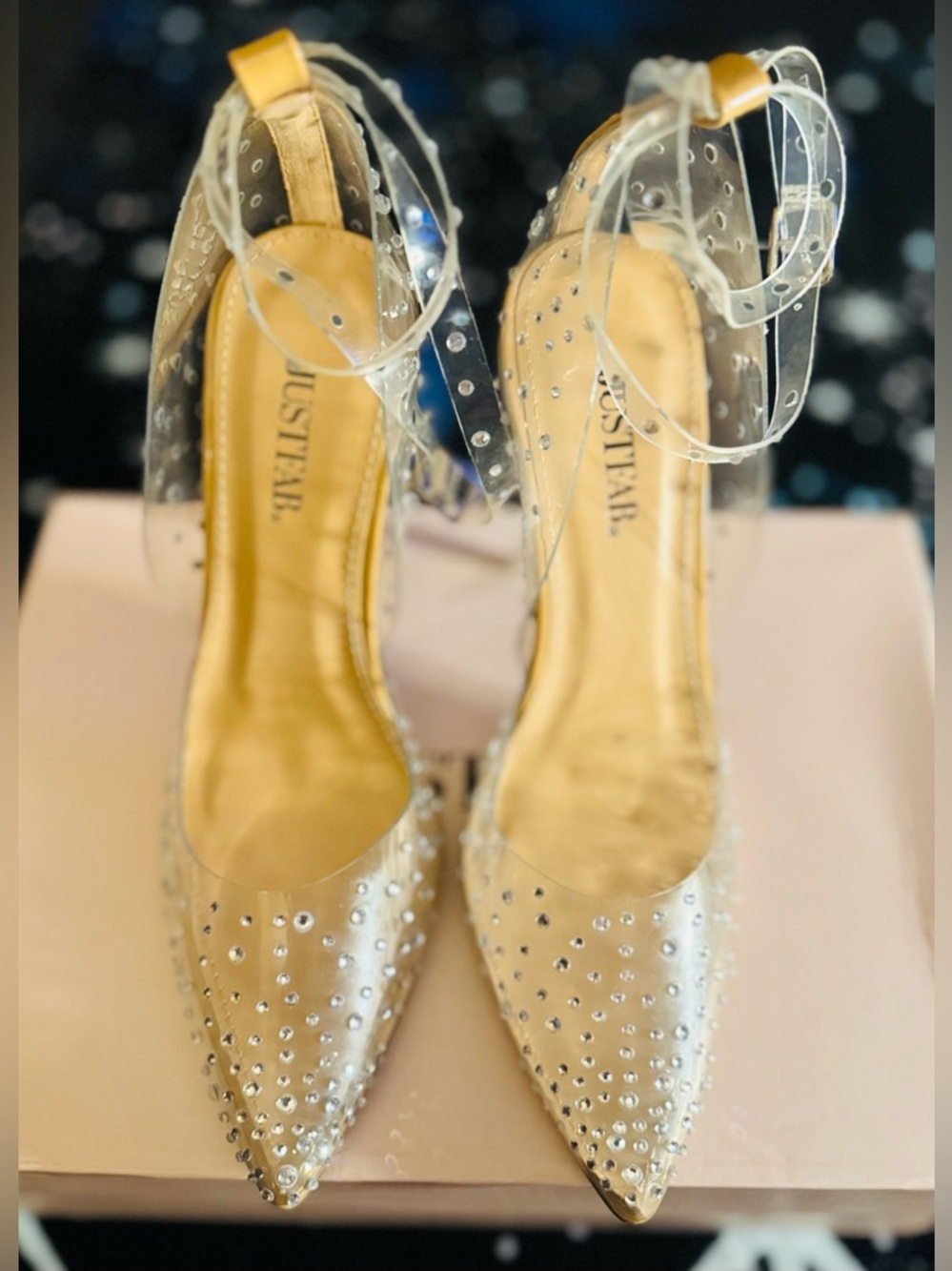 JustFab Clear Pointed Toe Ankle Strap Heels with Nude Insole and Rhinestones